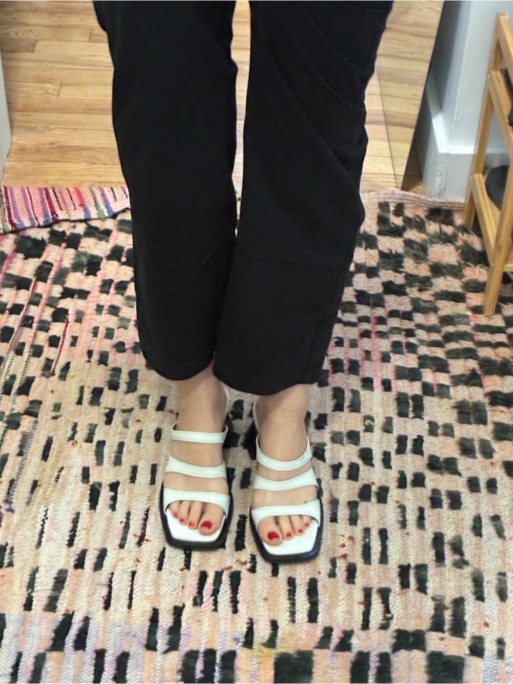 Labucq White Triple-Strap Square-Toe Heels